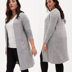 torrid Super Soft Plush Duster Open Front Heather Grey Front Pocket Plus 5X